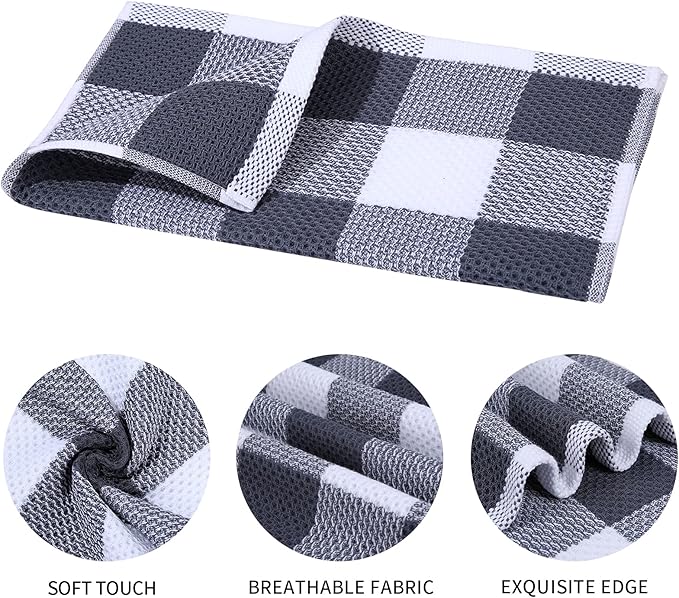 Mordimy 100% Cotton Waffle Weave Kitchen Towels, 13 x 28 Inches, Super Soft and Absorbent Buffalo Check Dish Towels for Drying Dishes, 4-Pack, White & Dark Grey
