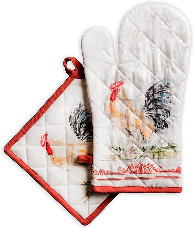 Maison d' Hermine 100% Cotton Oven Mitt & Pot Holder Set (7.5"x13" & 8"x8") Heat Resistant BBQ Cooking Gloves with Loop Baking Grilling Kitchen Gifts for Mothers Day Spring/Summer (Campagne)