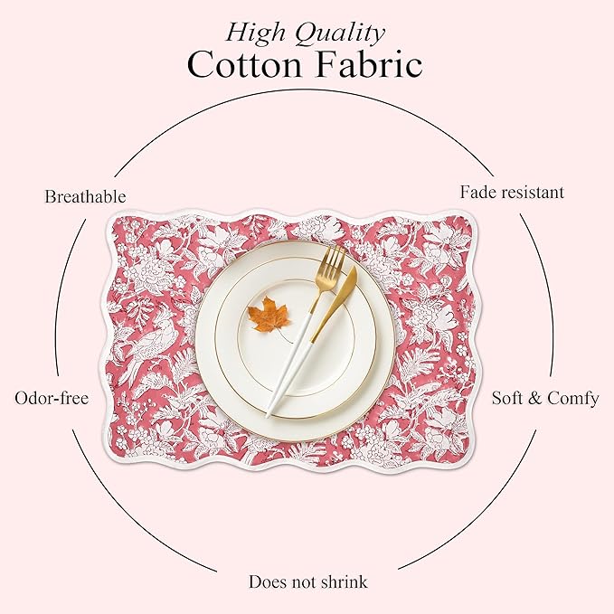 CPC Cotton Placemats Pink Coral Set of 4-Hand Block Printed Reversible Placemats, Flower Scalloped & Embroidered Cloth Table Mats - 14 x 20 inch Gift for Spring, Mother's Day