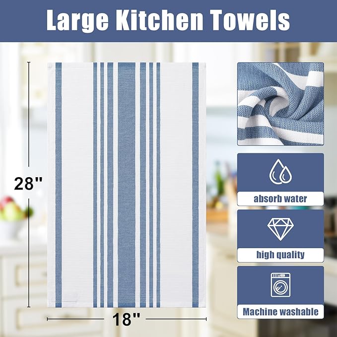 Homaxy Premium Kitchen Towels 18”x 28”, Large Cotton 380 GSM Kitchen Hand Towels, Stripe and Terry Dish Towel, Highly Absorbent Tea Towel Set with Hanging Loop, 6 Pack, Navy Blue