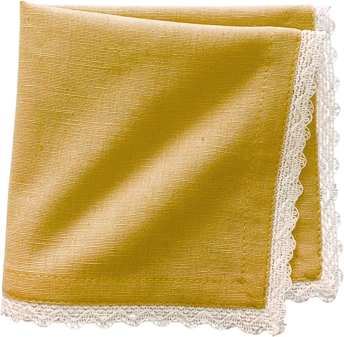 FINGERCRAFT Dinner Cloth Napkin Cotton Linen Blend 12 Pack Mitered Corners with Elegant Lace for Everyday Use Napkins are Pre Shrunk and Good Absorbency 20in x 20in, Gold Easter Color