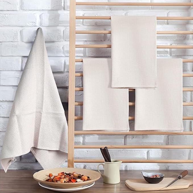 PY HOME & SPORTS Dish Towels Set - 4 Pieces 17 x 25 Inches Khaki 100% Cotton Waffle Weave Kitchen Towels, Absorbent Kitchen Hand Dish Cloths for Cleaning and Drying