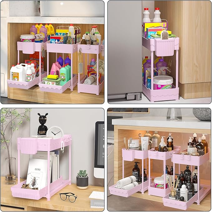 Sevenblue 3 Pack Under Sink Organizers, 2-Tier Multi-Use Kitchen and Bathroom Organizers and Storage with Sliding Drawers, Bathroom Cabinet Organizer (Pink, 12.8 Inch)