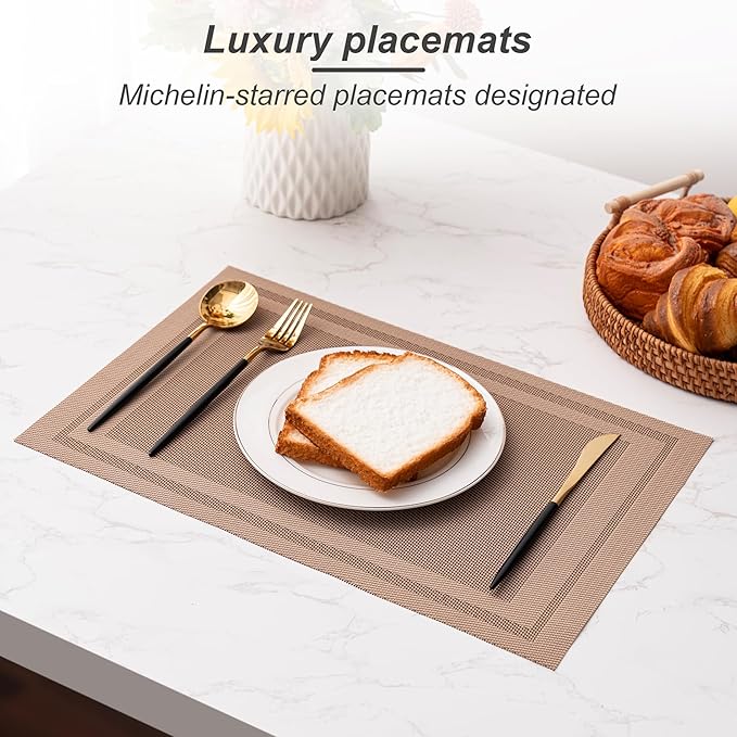CADONO Placemats Set of 6 Washable Indoor/Outdoor Vinyl Place Mats for Dining Table Durable Non-Slip Heat Resistant PVC Weave Table Mats（Simple Style-Light Brown）