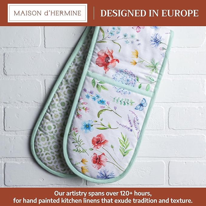 Maison d' Hermine Double Oven Mitts 100% Cotton 7"x35" Double Oven Mitt Heat Resistant BBQ Cooking Gloves with Loop Baking Grilling Gifts for Mothers Day Spring Summer (Just Floral)