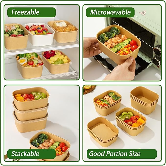 DI QIU REN 50-Pack 25oz Paper Bowls, Disposable Food Containers with Lids and Forks, Cardboard Meal Prep Containers for Diet Salad, Pasta (kraft Paper Rectangular, 25oz 50 Count)