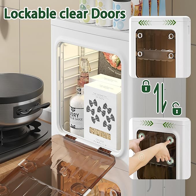 VECELO 143 QT Stackable Storage Bins with Lids, Tall Slim 3-Tier Organizer with Wheels, Lockable Clear Doors, Foldable Storage Cabinet for Kitchen, Bathroom, Laundry & Bedroom