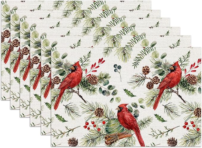 Red Cardinal Placemats Set of 6, Christmas Berry Bird Linen Place Mat Washable Stain Resistant Table Mats for Farmhouse Kitchen Dining Party Wedding Decor 12x18 Inch