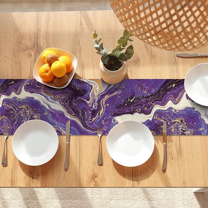 Marble Table Runner 72 Inches Long, Purple Golden Marble Texture Table Runner Dresser Scarves, Rustic Burlap Dining Room Table Decor for Kitchen Wedding Farmhouse Indoor Outdoor Home Party
