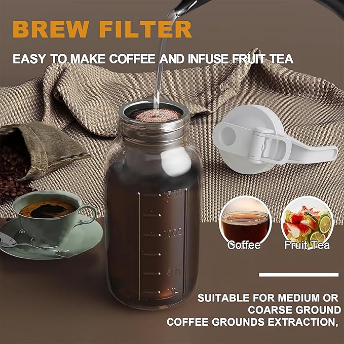 JunVpic Cold Brew Coffee Maker Jar - 64oz Thick Glass Multipurpose Mason Pitcher Spout Lid with Handle & Stainless Steel Filter for Iced Coffee, Lemonade, Ice Tea, Homemade Fruit Drinks Container