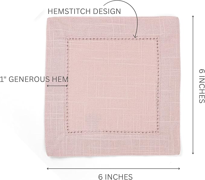 FINGERCRAFT Cocktail Napkins 6 x 6 Inch Premium Quality Cotton, Generous Hemstitch and Mitered Corner Set of 12 Coaster Cloth Pink