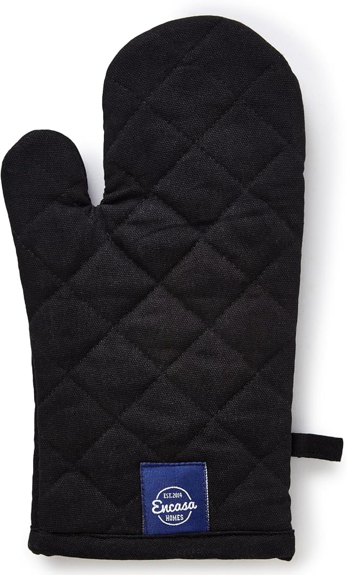 Encasa XO Heat Resistant Cotton Oven Gloves Mitts (2 Pc Set) - Quilted & Safe 12x6.6 in - for Kitchen, Cooking & Baking, Grilling, Handling Hot Pots & Pans - Full Black