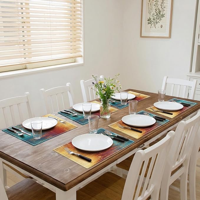 Emvency Farmhouse Placemats Set of 6,12x18 Inch Linen Rectangular Place Abstract Vintage Grunge Colorful Modern Table Mats for Indoors & Outdoor Home Party Kitchen Dining Decoration