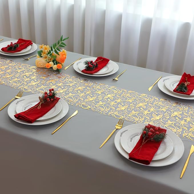 Snowkingdom 2 PCS Gold Spring Easter Table Runner 108 Inches Long, Gold Pinecone Flower Floral Table Decor for Winter Holiday Dining Kitchen Party New Year Home Decorations