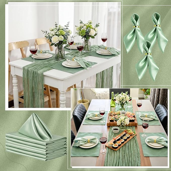 Patelai 19 Pcs Sage Green Table Runner Sets, 6 Placemats 6 Square Napkins with Napkin Rings Sets for Kitchen Dining Table Wedding Baby Shower Party Decorations
