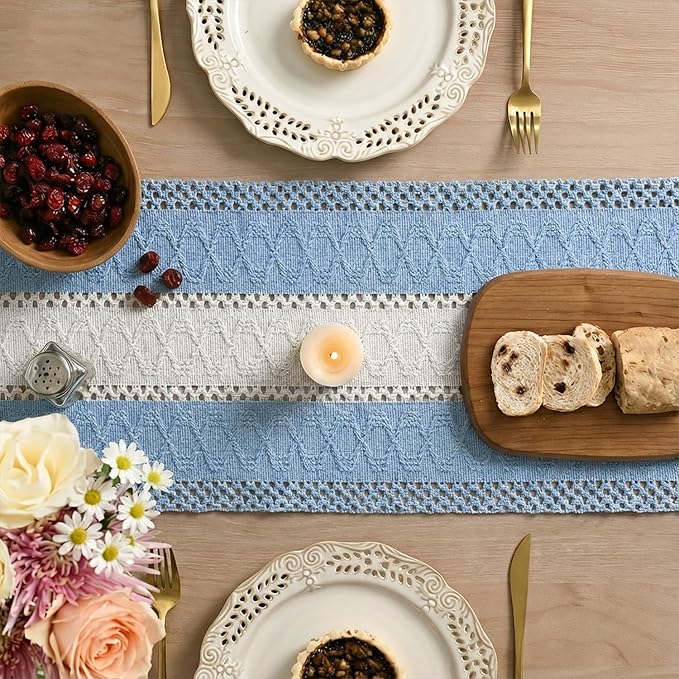Artoid Mode Sky Blue Farmhouse Rustic Table Runner, Seasonal Hollow Kitchen Dining Table Decoration for Home Party Decor 12x72 Inch