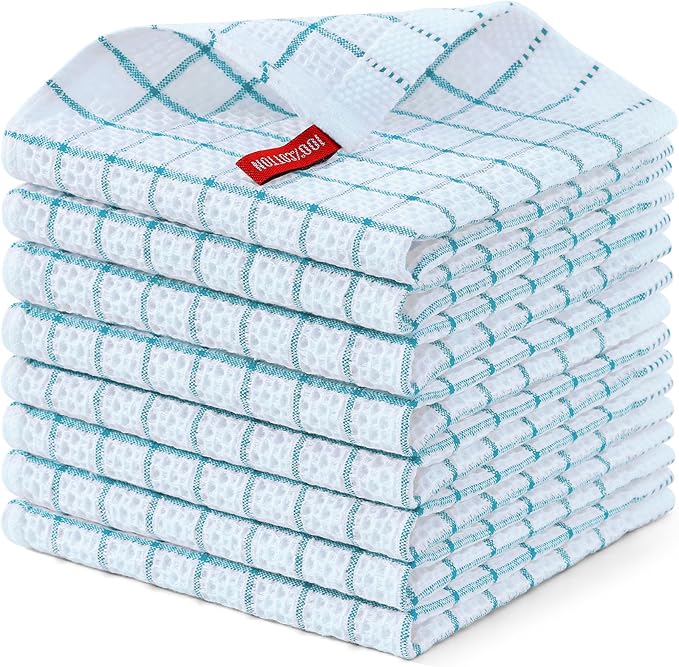 Homaxy 100% Cotton Dish Cloths, 8 Pack-12 X 12 Inches, Check Design Waffle Weave Dish Rags for Washing Dishes, Ultra Absorbent and Fast Drying Dishcloths, Teal