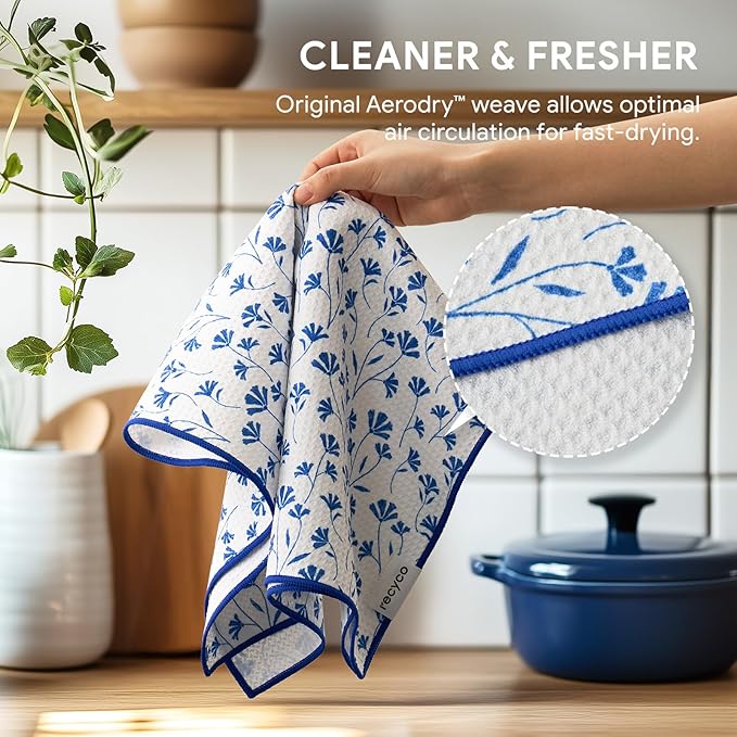 RECYCO Waffle Kitchen Towel Set of 2 - Quick Dry Microfiber Sustainable Dish Towels - Ultra Absorbent Reusable Cleaning Tea Towels - Lightweight Hand Towels,16”x 28”, Coastal Bliss
