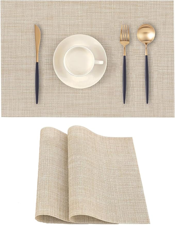 Beige Placemats Set of 2 - Heat Resistant Non-Slip Place mats for Dining Table, Washable Durable PVC Vinyl Woven Table Mats (Beige, 2)