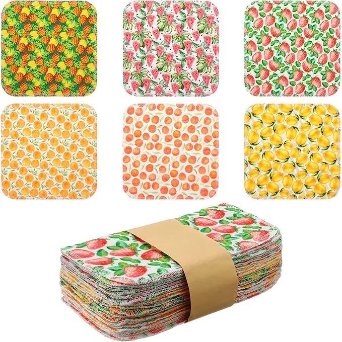 Kinlop 24 Pcs Spring Easter Lunchbox Cloth Napkins Bulk Reusable 2 Ply 8" x 8" Fruit Flannel Style Wipes Washable Soft Cotton Sturdy Absorbent Cloth Placemats for Dining Summer Home Party