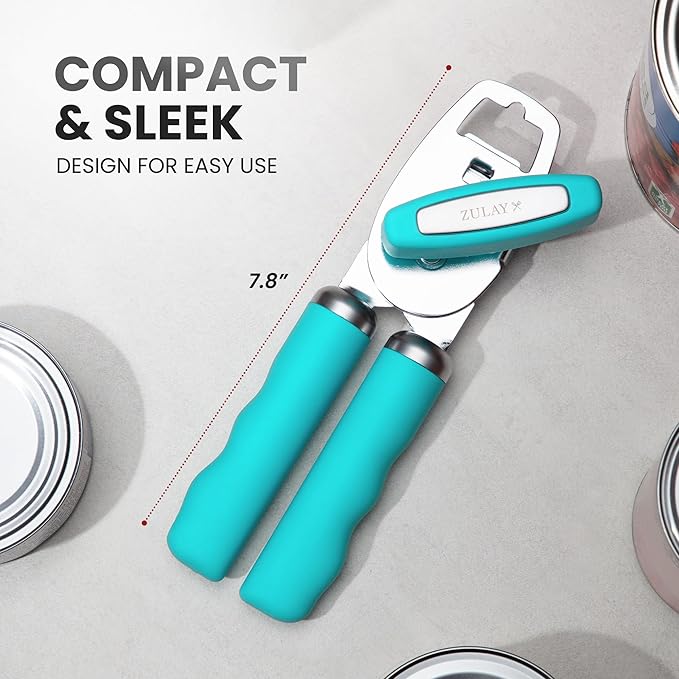 Zulay Kitchen Heavy Duty Stainless Steel Can Opener Manual with Bottle Opener - Rust Proof Manual Can Opener With Turn Knob & Comfy Soft Grip Handles - Turquoise