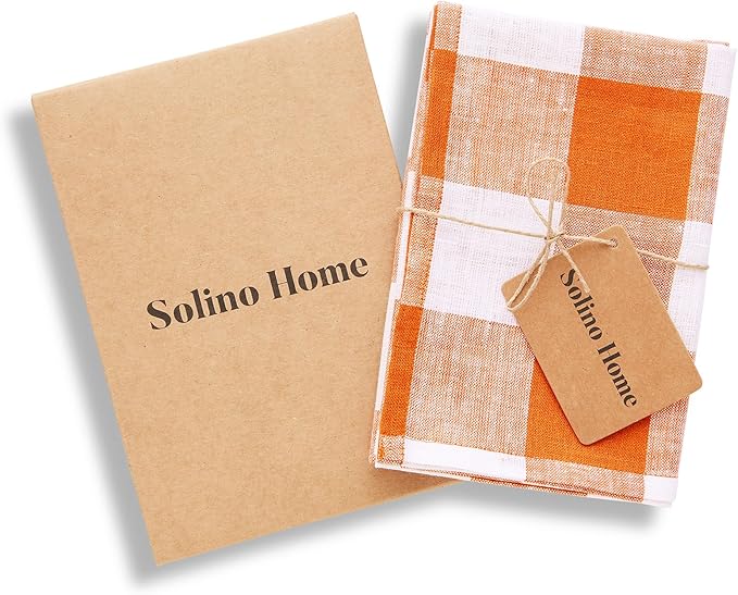 Solino Home Linen Kitchen Towels Set of 2 - Pumpkin and White 16.5 x 26.5 Inch - 100% Pure Linen Buffalo Check Kitchen/Tea Towels - Machine Washable and Handcrafted from European Flax