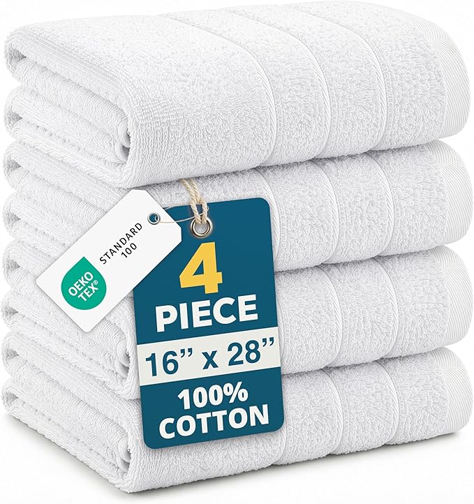 White Hand Towels for Bathroom - Pack of 4 (16"x28") 100% Cotton Hand & Face Towels - Soft, Durable, Quick Dry & Highly Absorbent, Fingertip Towel for Bathroom - Great for Gym, Salon, Spa & Family Use