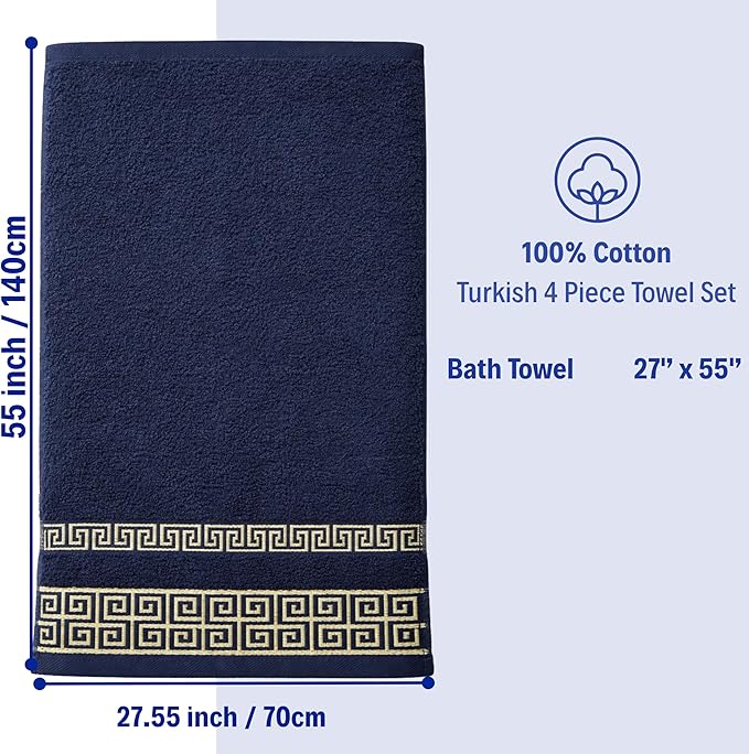 Luxury 4 Piece Bath Towel Set with Greek Key Design - 100% Cotton Soft & Absorbent Bathroom 27x54 in Extra Large Towels - Quick Dry & Durable - Navy Blue Towels Set for Home, Spa & Hotel Use AA4