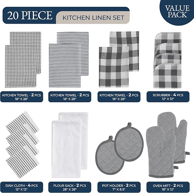 LANE LINEN Kitchen Towels and Dishcloths Sets - 20 Pc Kitchen Essentials for New Home, Heat Resistant Oven Mitts & Pot Holder, Absorbent Flour Sack Dish Towels- Grey