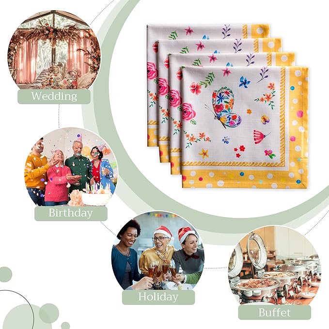 Maison d' Hermine Cloth Napkins Set of 4 100% Cotton Everyday Reusable Square Napkins Cloth Washable Dinner Wedding Gifts for Mothers Day Spring/Summer (Happy Florals - Sweety, 20" x 20")