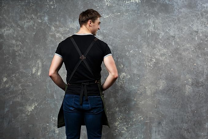OleksynPrannyk Work Apron in Non-Waxed Canvas with Cross Straps Adjustable