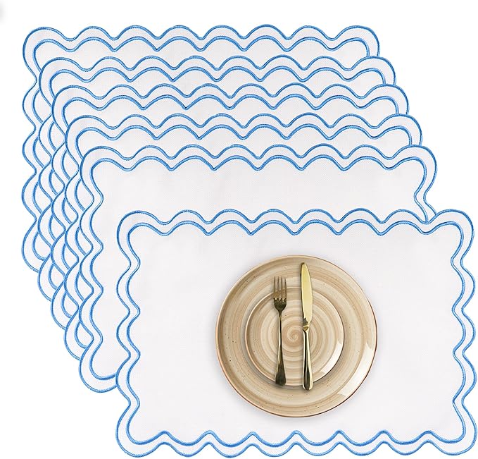Set of 6 Cotton Linen Placemats, 13''x 19'' Wavy Embroidery Scalloped Placemats Washable Rustic Dinner Waterproof Table Mats (Blue)