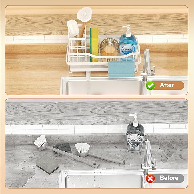 Sponge Holder for Kitchen Sink, Self-draining Sink Organizer with Towel Rack and Brush Holder, Metal Kitchen Sink Organizer for Countertop, White