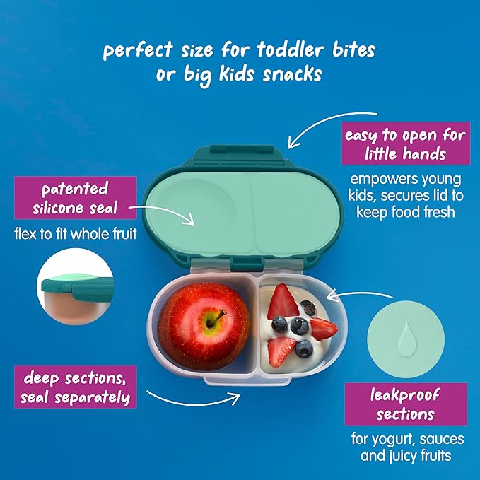 b.box Snack Box - Leakproof Mini Bento Box for Kids & Toddlers, 2 Compartment Snack Containers for Kids, Lunch Containers, Dishwasher Safe, BPA Free, PFAS Free, Ages 4m+, 1 3/4 Cup - Emerald Forest