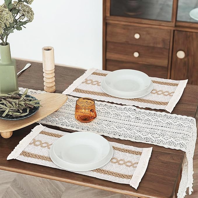 Boho Placemats Set of 6, Macrame Place Mats in Natural Cotton Burlap, Farmhouse Style Dining Table Mats for Indoors & Outdoors, Rustic Kitchen Home Decor