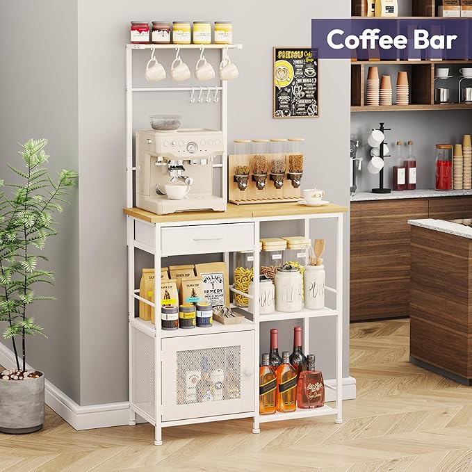 SWTYMIKI Coffee Bar with Hanging Rack - Farmhouse Coffee Stand Station Multi-Purpose Buffet Sideboard Cabinet with Drawers - Kitchen Bar Table for Living Room, Corner, Small Space, Natural