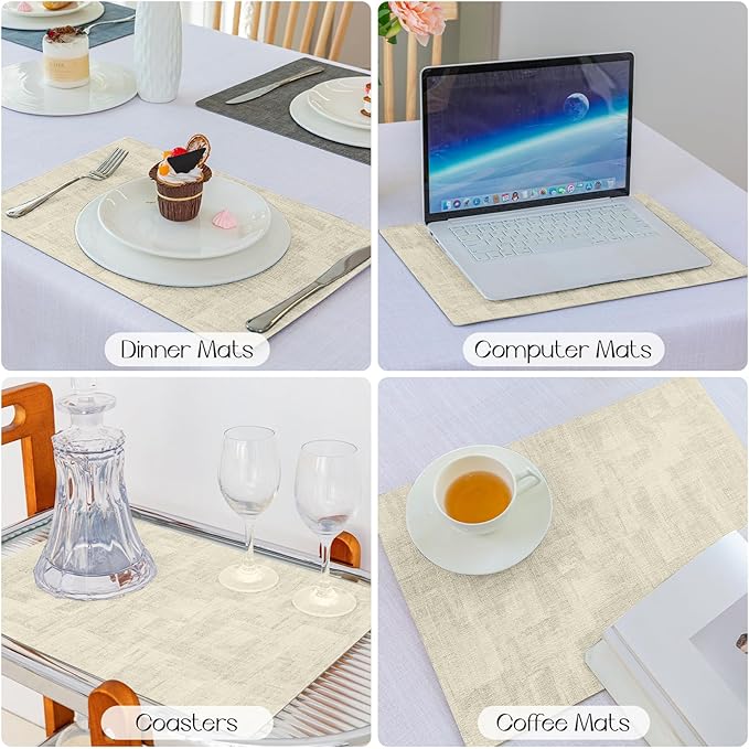Romanstile Vinyl Placemats Set of 6-12x17 Inch, Reversible Waterproof Washable Non Slip Table Mats, Faux Leather Heat Resistant Wipeable Table Placemats for Dining/Party/Indoor/Outdoor, Grey-Beige