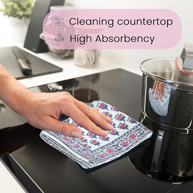CPC Pink Sapphire Hand Block Print Waffle Kitchen Towel Set of 3-16 x28 Ultra Absorbent Quick Dry Microfiber Dish Towels Lightweight Reusable Sustainable Tea Towels for Cleaning and Drying
