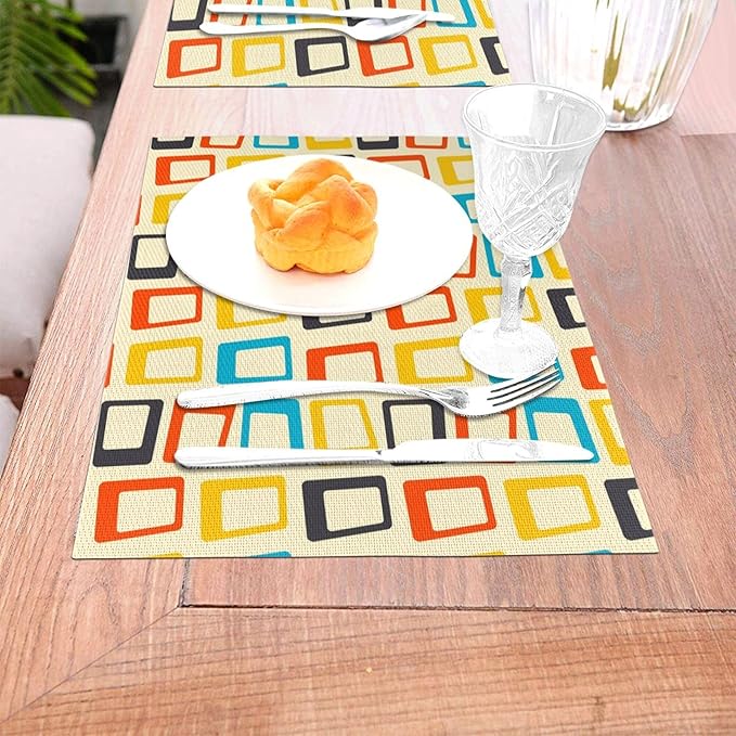 Retro Placemats Set of 4, Mid Century Modern Dining Table Place Mats, Washable Heat Resistant Table Mats for Kitchen Dinner Holiday Party Home Decor 12x18 Inch