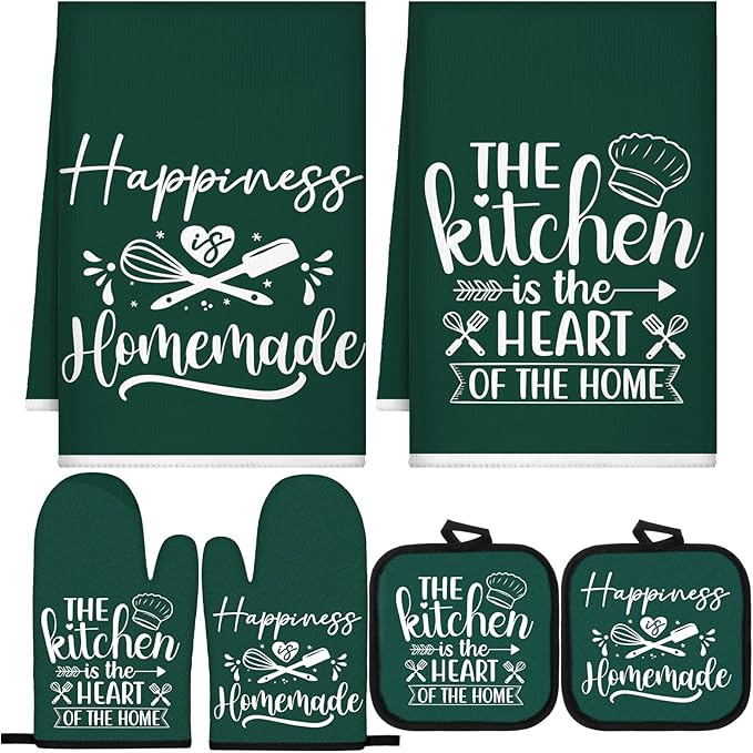 Sratte 6 Pcs Kitchen Decor Accessories Set Farmhouse Towels Pot Holders Oven Mitts Set 2 Dish Towels 2 Potholders 2 Cooking Mittens Oven Glove for Christmas Baking Cooking(Dark Green,Kitchen)