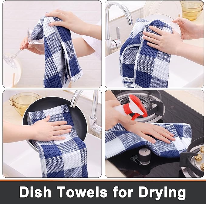Mordimy 100% Cotton Waffle Weave Kitchen Towels, 13 x 28 Inches, Super Soft and Absorbent Buffalo Check Dish Towels for Drying Dishes, 4-Pack, White & Navy Blue