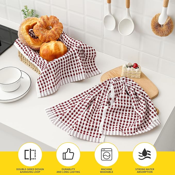 SALAS Cotton Dish Towels Cloths for Kitchen Drying Dishes, Lattice Terry Kitchen Towels, Highly Absorbent Kitchen Cloths with Hanging Loop, 16‘’ x 26‘’,4 Packs, Wine Red