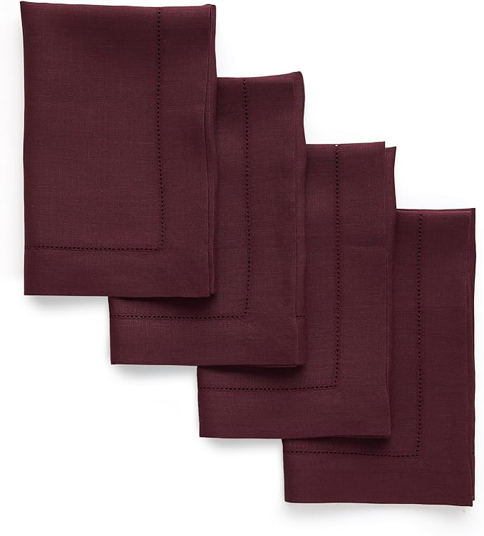 Solino Home Linen Cloth Napkins Set of 4-100% Pure Linen Burgundy Dinner Napkins 20 x 20 Inch for Mothers Day - Classic Hemstitch, Handcrafted and Machine Washable