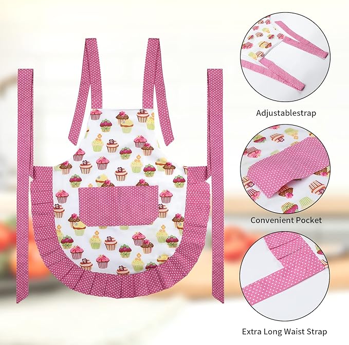 G2PLUS Kid Cotton Aprons, Toddler Apron with Pocket, Pink Cupcake Child Apron for Girls, Cooking, Baking, Kitchen, Art Craft Use