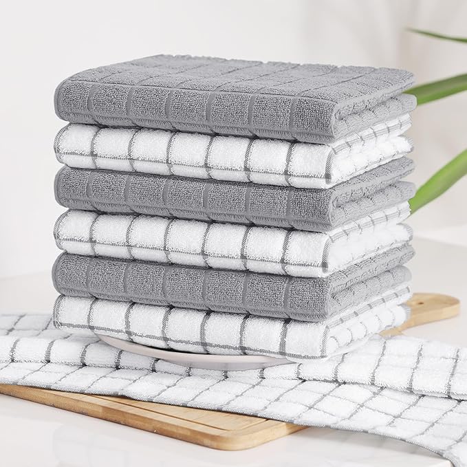 Homaxy Premium Cotton Kitchen Towels 16"x 28", Large Natural Ring Spun 390 GSM Dish Towels, Super Absorbent Terry Kitchen Hand Towels, Soft Tea Towels with Hanging Loop, Light Grey Check, 8 Pack