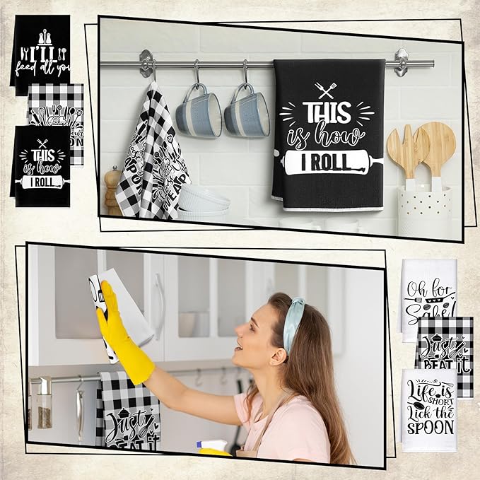 Bencailor 6 Pcs Black White Plaid Kitchen Towels Decorative Sets Dish Towels Absorbent Fast Drying Hand Tea Vintage Hanging Reusable Cleaning Dishcloths for Cooking Farmhouse Bathroom Accessory