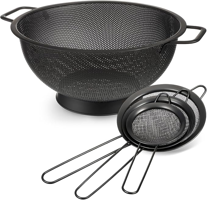 Norme 4 Quart Stainless Steel Black Colander and 3 Pcs Black Fine Mesh Strainer, Stainless Steel Pasta Rice Food Metal Strainer with Handles, Easy Clean and Dishwasher Safe