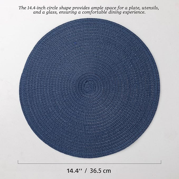 Round Placemats Set of 12 Woven Placemats Washable Braided Table Mats for Dining Table Heat Resistant Non-Slip Circle Place Mats(Navy Blue)