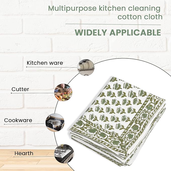CPC Emerald Green Hand Block Print Waffle Kitchen Towel Set of 3-16 x28 Ultra Absorbent Quick Dry 100% Cotton Dish Towels Lightweight Reusable Sustainable Tea Towels for Cleaning and Drying