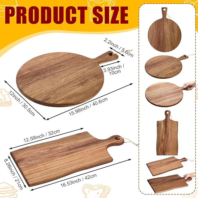 Hsei 2 Pcs Acacia Wood Cutting Board with Handle Wooden Charcuterie Board Large Paddle Carving Chopping Set Butter Serving Tray for Cheese Meat Fruit Bread (Irregular Style,16x12,16.5x8.27 Inch)